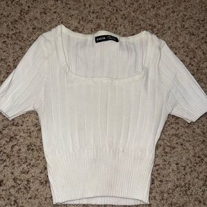 SHEIN White Ribbed Fitted Blouse Short Sleeve